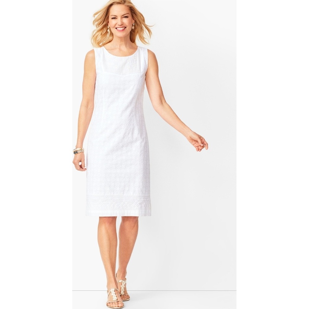 Talbots Petites White‎ Eyelet Cotton Sleeveless Sheath Dress 2P Boat Neck
